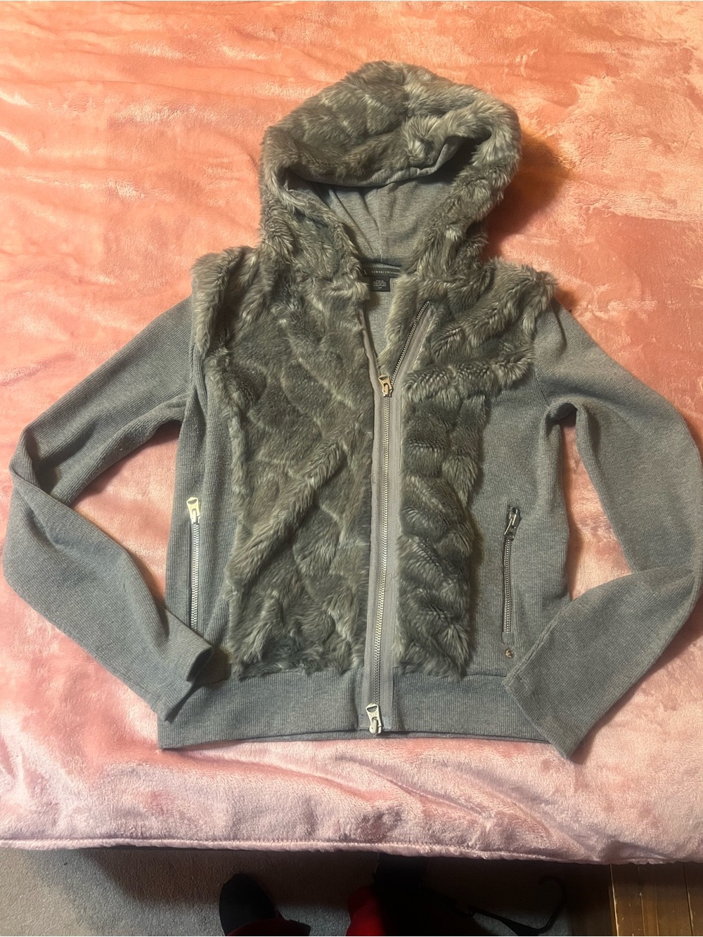 Armani Exchange Gray Faux Fur Hooded Puffer Jacket